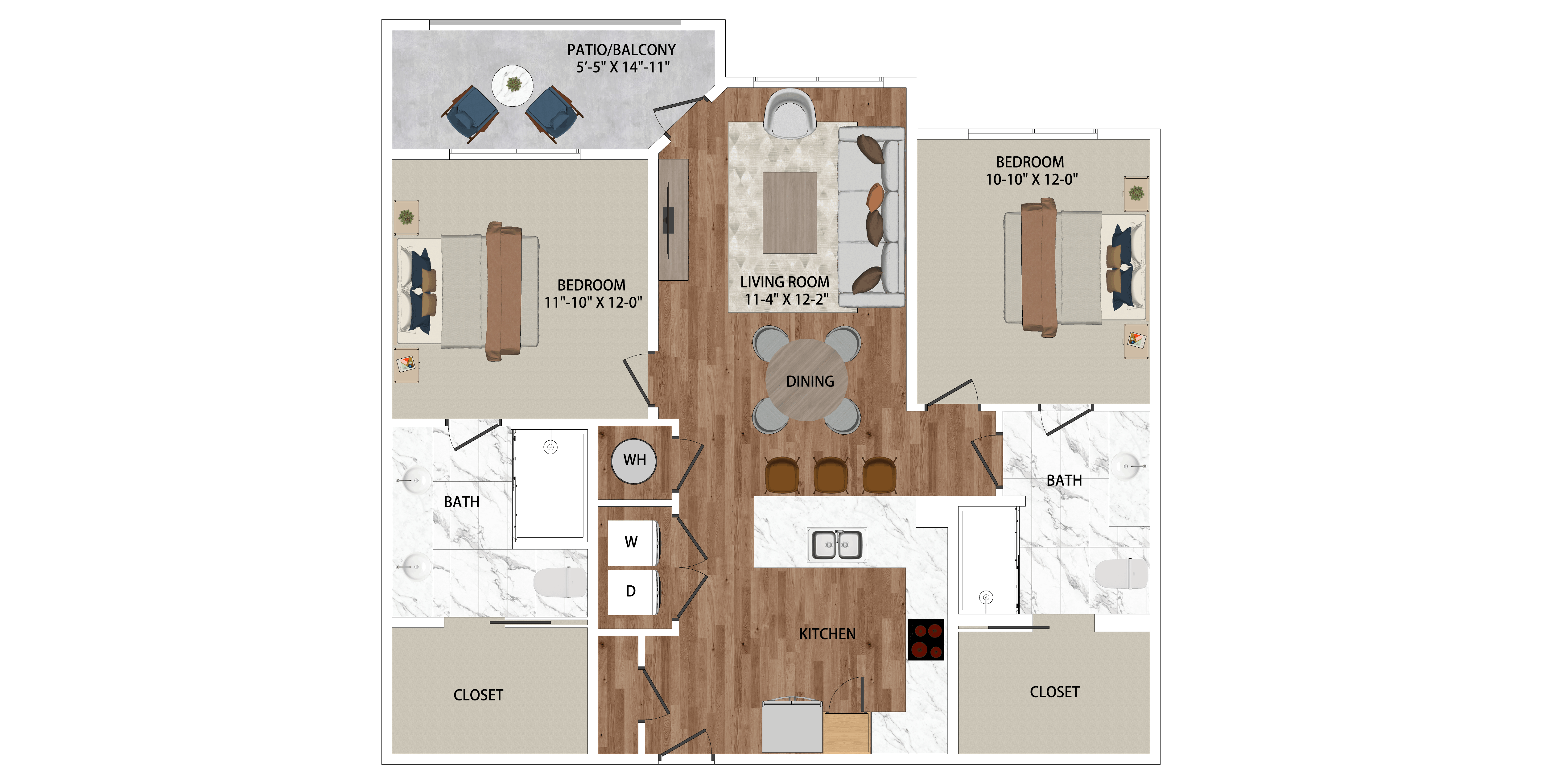Floor plan for 2 beds, 2 baths, 1069 sqft